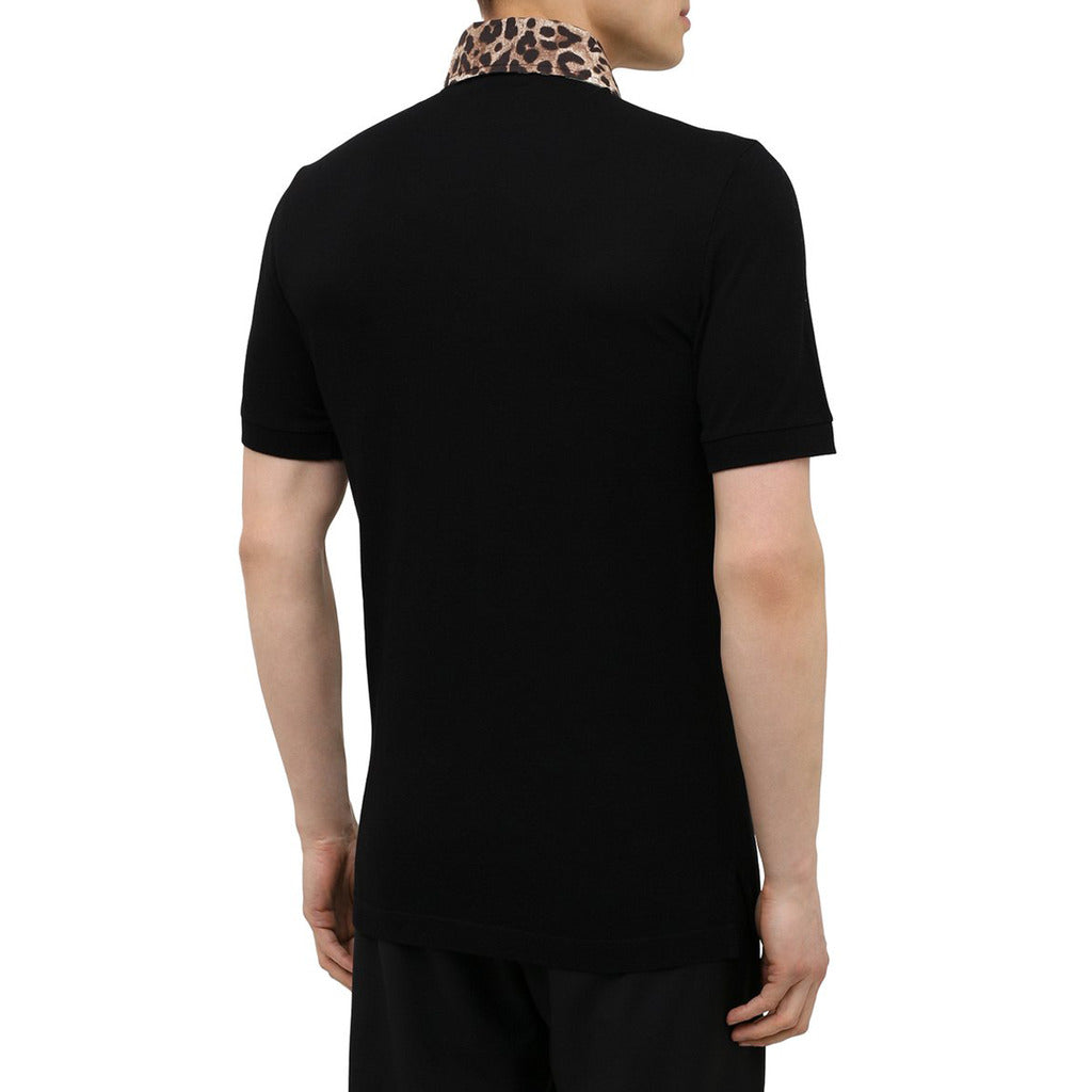 Dolce & Gabbana black cotton polo shirt with leopard print collar, back view
