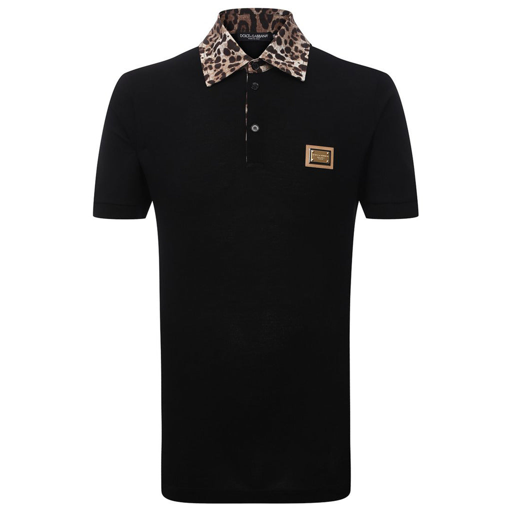 Dolce & Gabbana black cotton polo shirt with leopard print collar, front view
