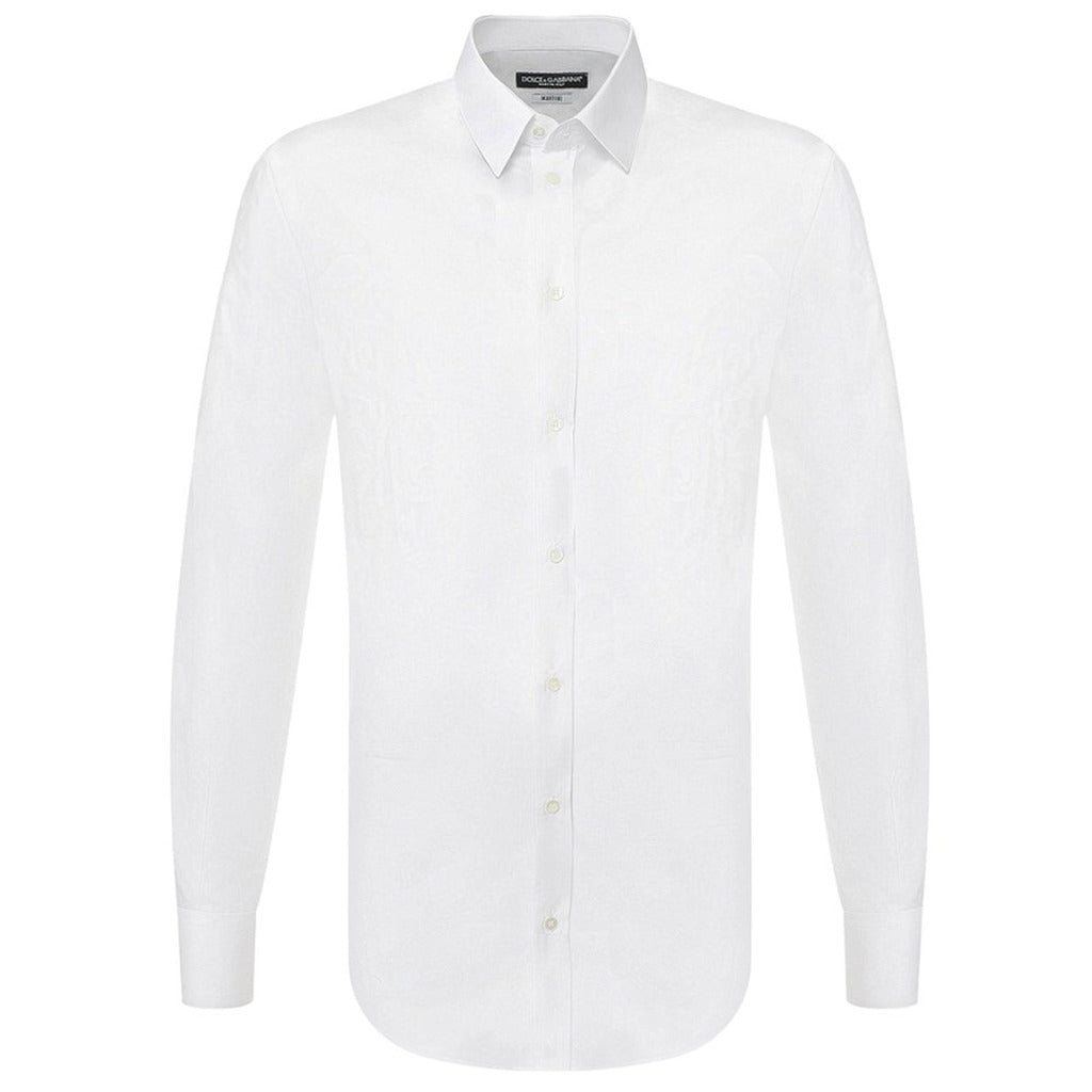 Dolce & Gabbana white cotton shirt with floral stitching print, front view
