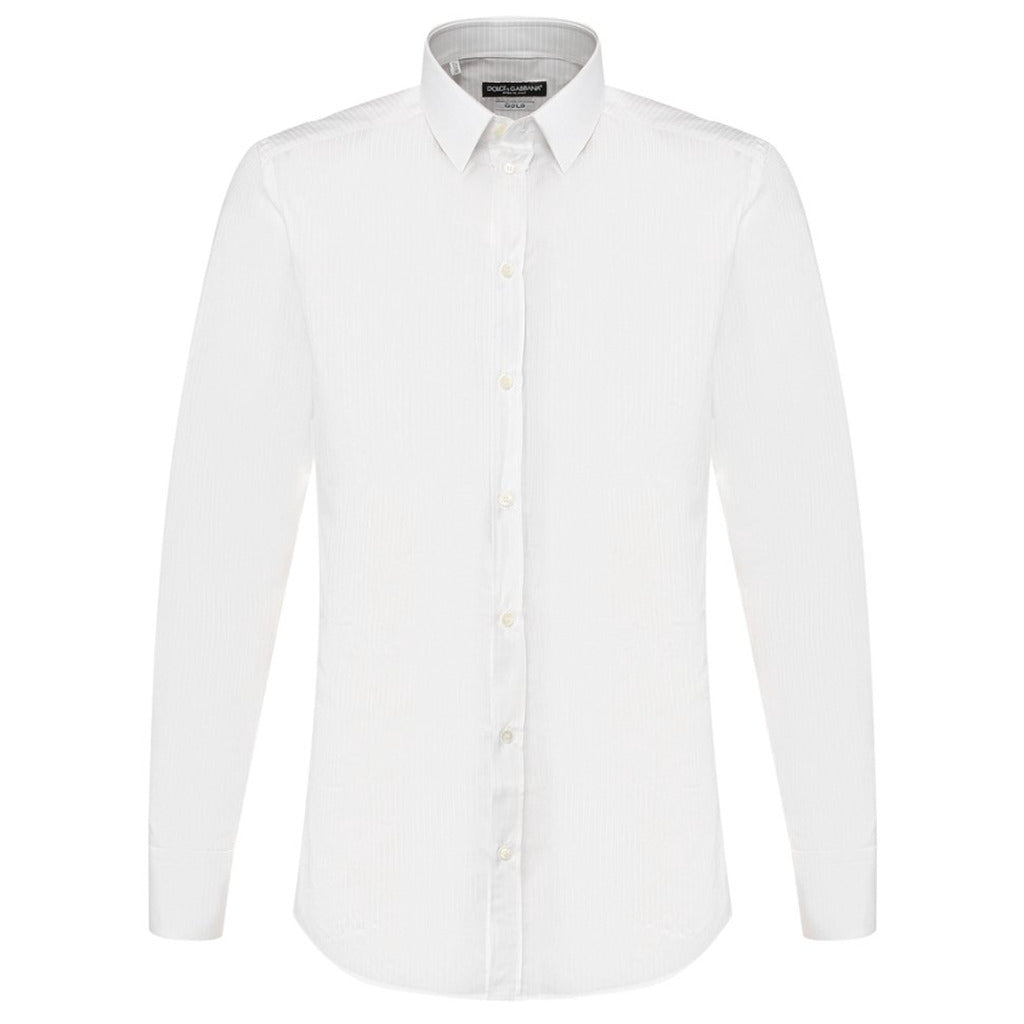 Dolce & Gabbana white cotton shirt with pinstripe effect and DG logo print, front view
