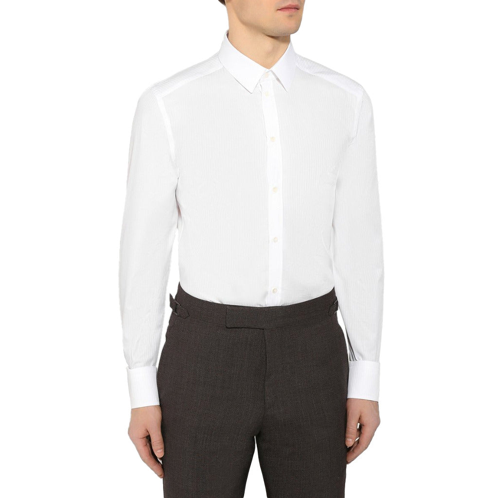 Model wearing the Dolce & Gabbana white pinstripe effect DG logo shirt
