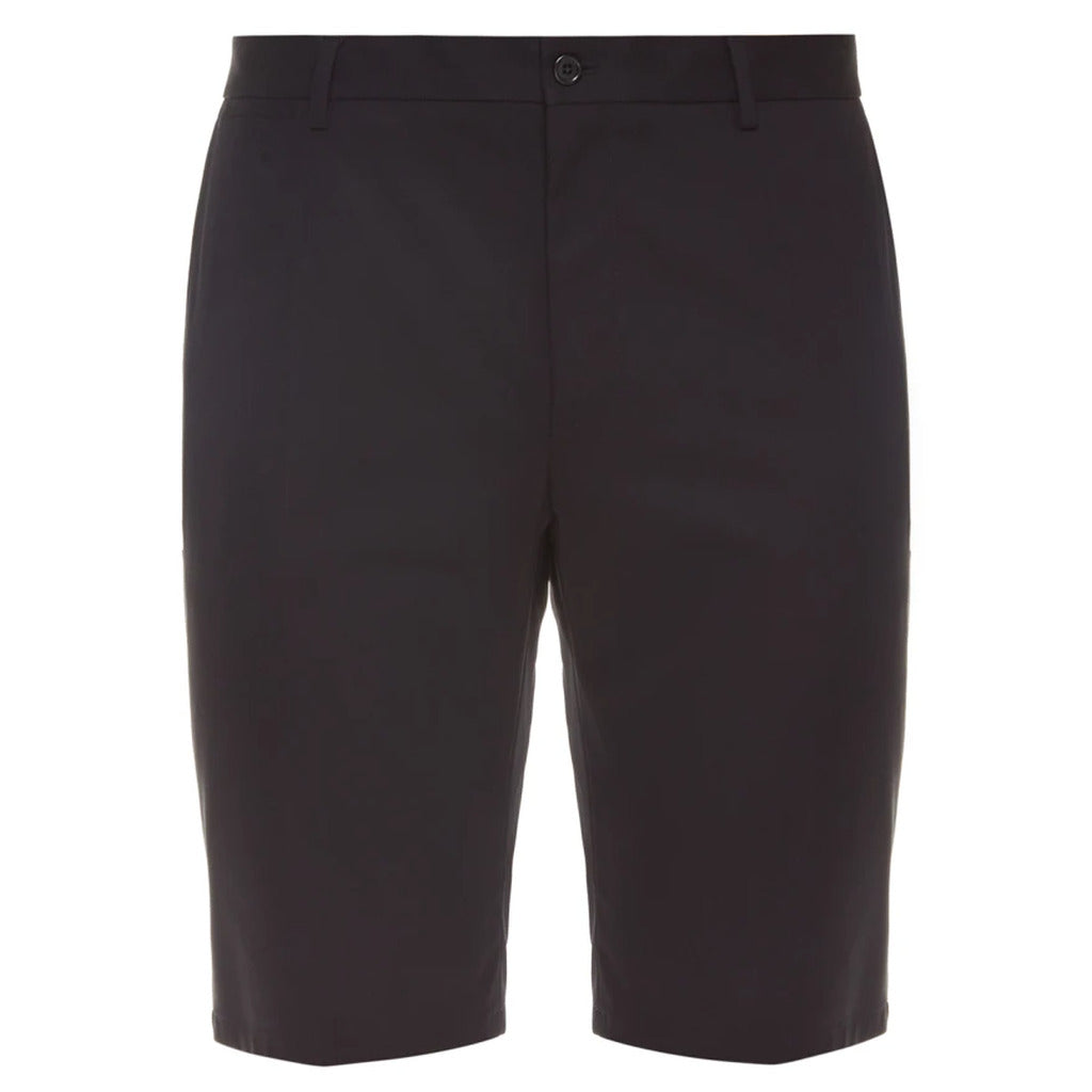 Alt 1: Dolce & Gabbana black stretch cotton shorts with gold DG logo side bands, front view
