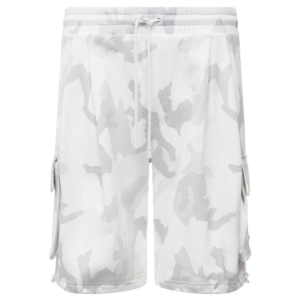 Dolce & Gabbana white cotton cargo shorts with greyscale camouflage print, front view
