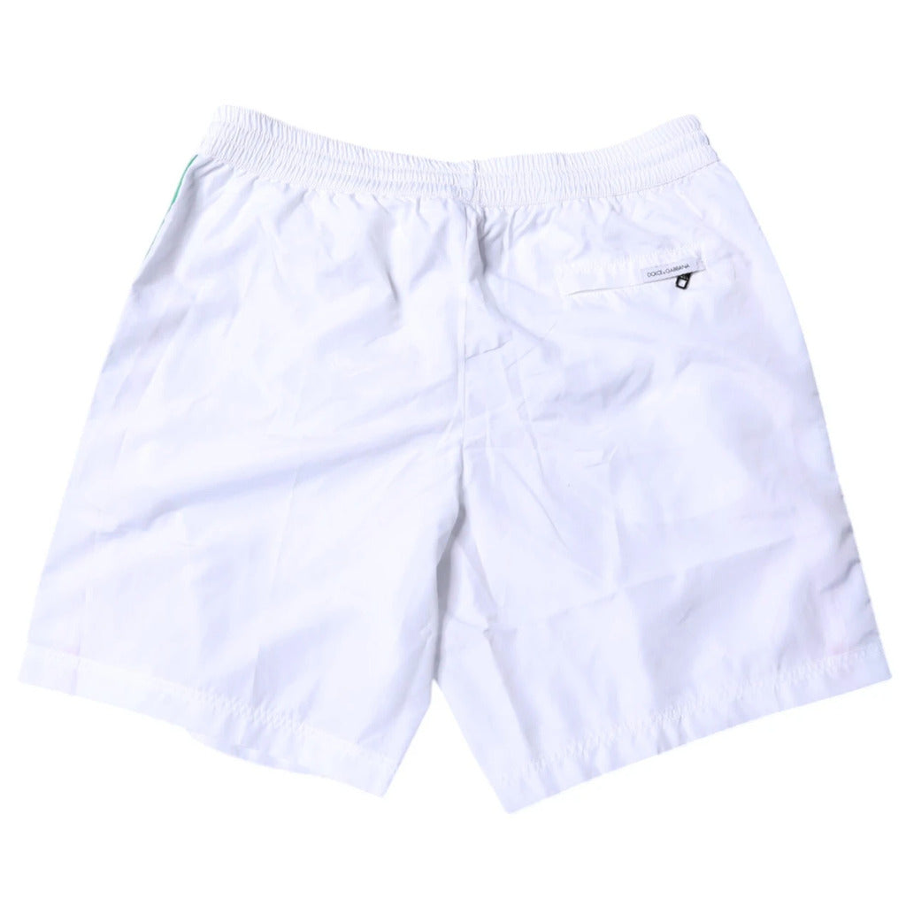 Dolce & Gabbana white polyester shorts with red green stripe and logo patch, back view