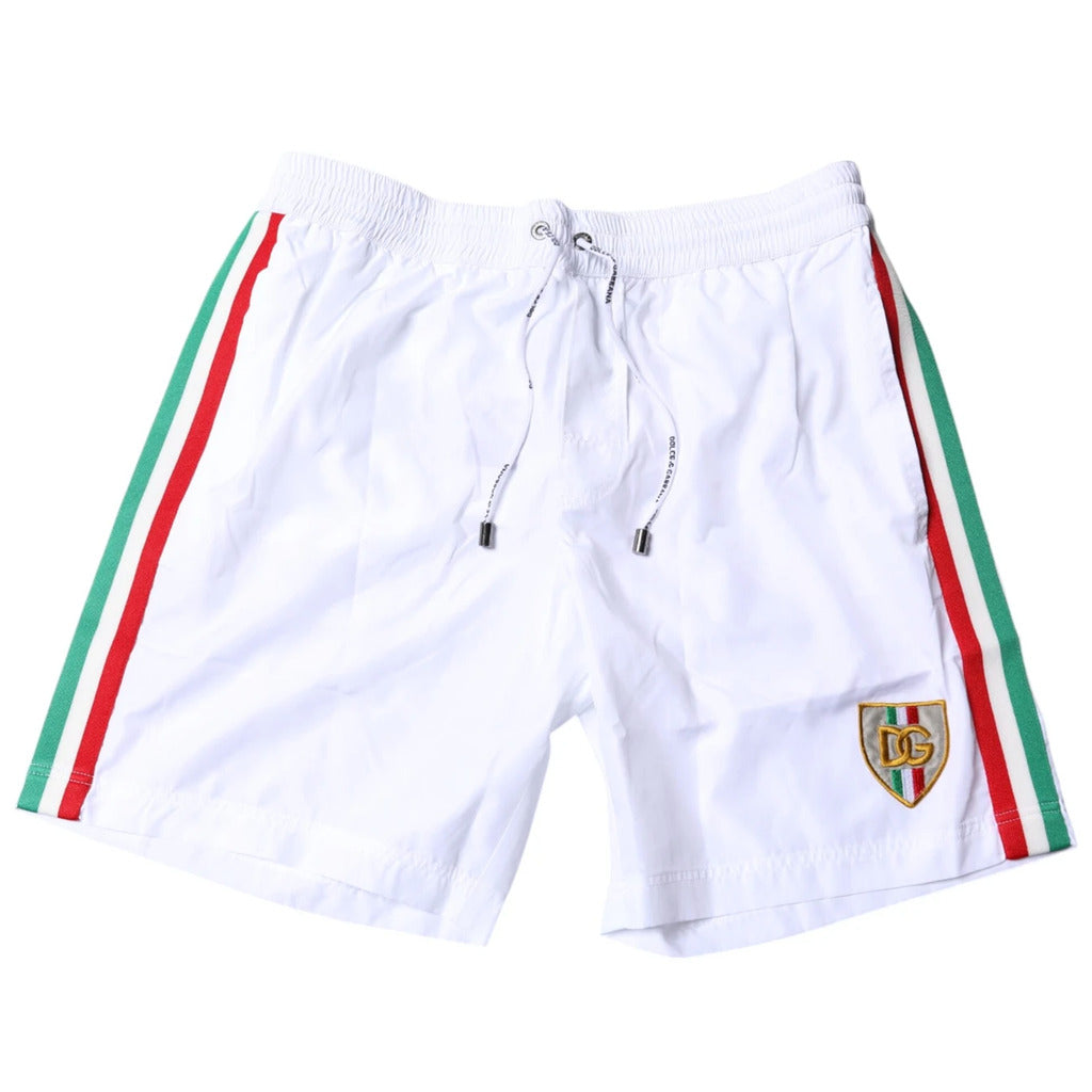 Dolce & Gabbana white polyester shorts with red green stripe and logo patch, front view
