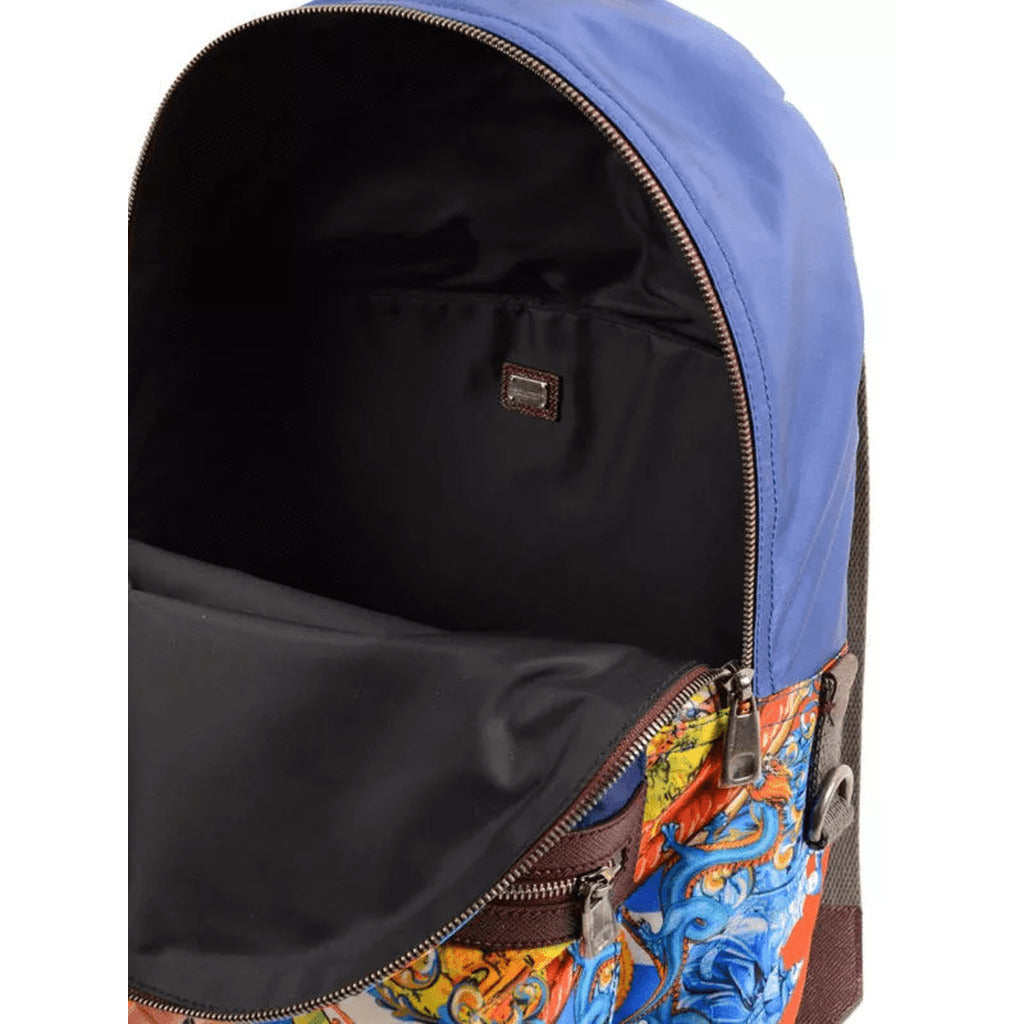 Dolce & Gabbana blue patterned rucksack showing its double compartment structure
