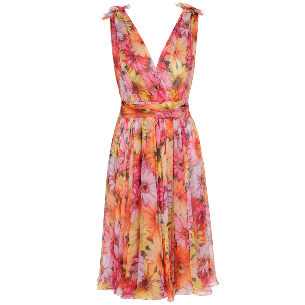 Dolce & Gabbana multicolored sunflower floral print silk V-neck dress, front view, another angle