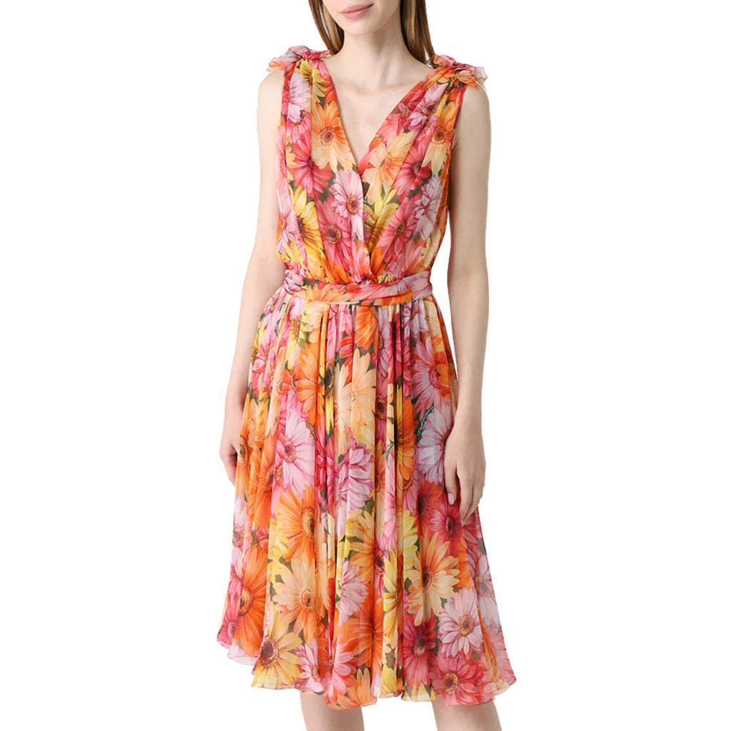 Dolce & Gabbana multicolored sunflower floral print silk V-neck dress, front view
