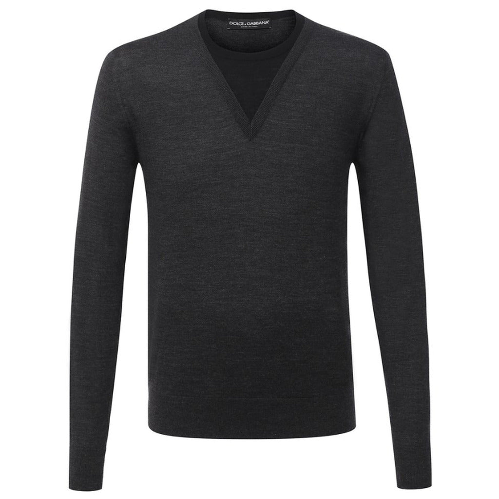 Dolce & Gabbana gray 100% wool pullover sweater with double neck detail, front view
