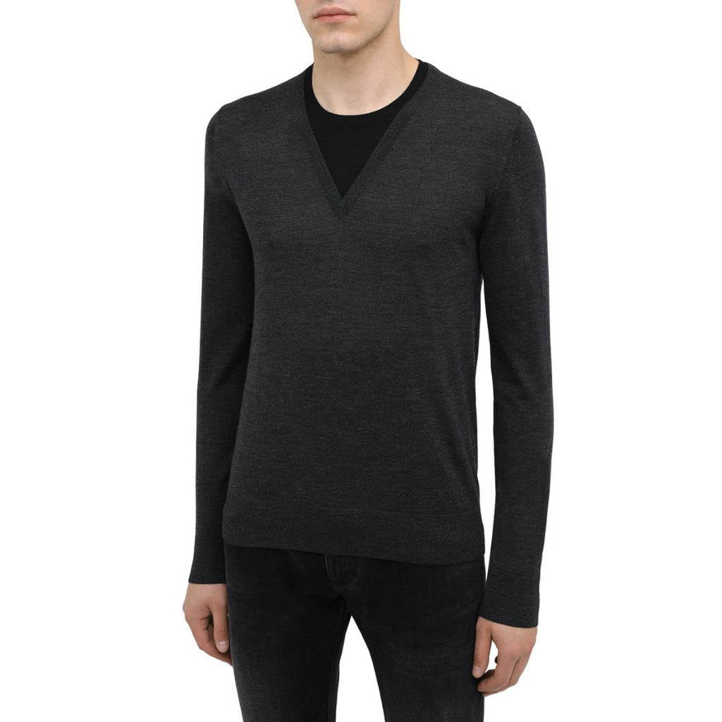 Model wearing the Dolce & Gabbana gray wool double neck pullover sweater
