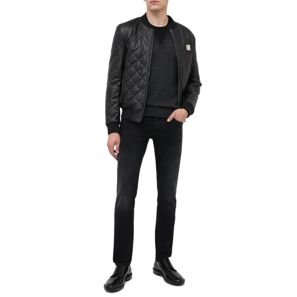 Model wearing the Dolce & Gabbana gray wool double neck pullover sweater
