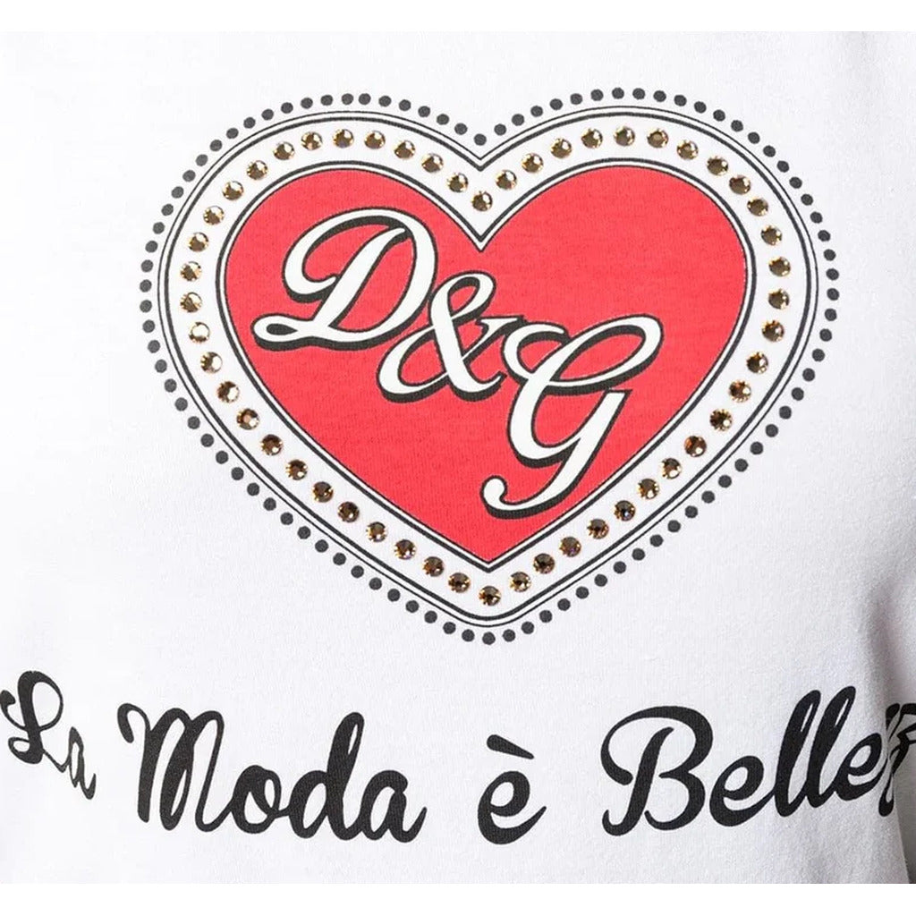 Detail of the heart logo print on the front of Dolce & Gabbana women's white tank
