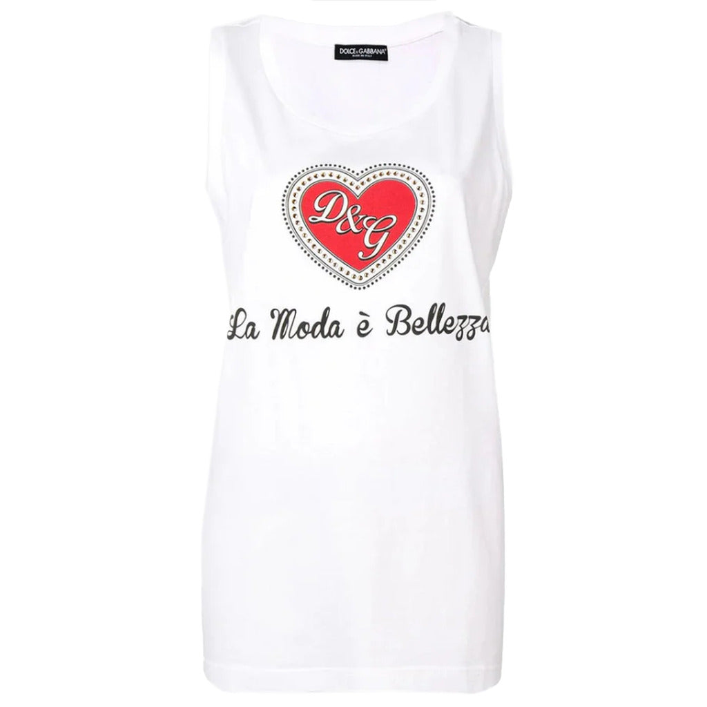 Dolce & Gabbana white cotton tank top with front heart logo and applied diamond decoration
