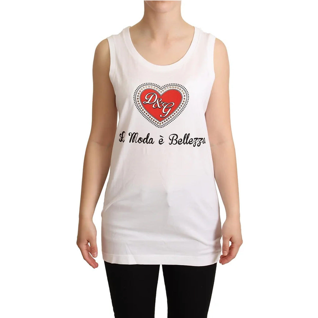 Model wearing the Dolce & Gabbana white cotton tank top with diamond heart logo
