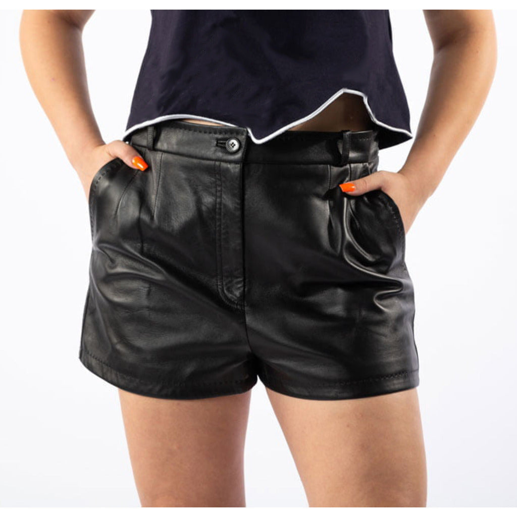 Dolce & Gabbana women's black lambskin leather shorts front view on model