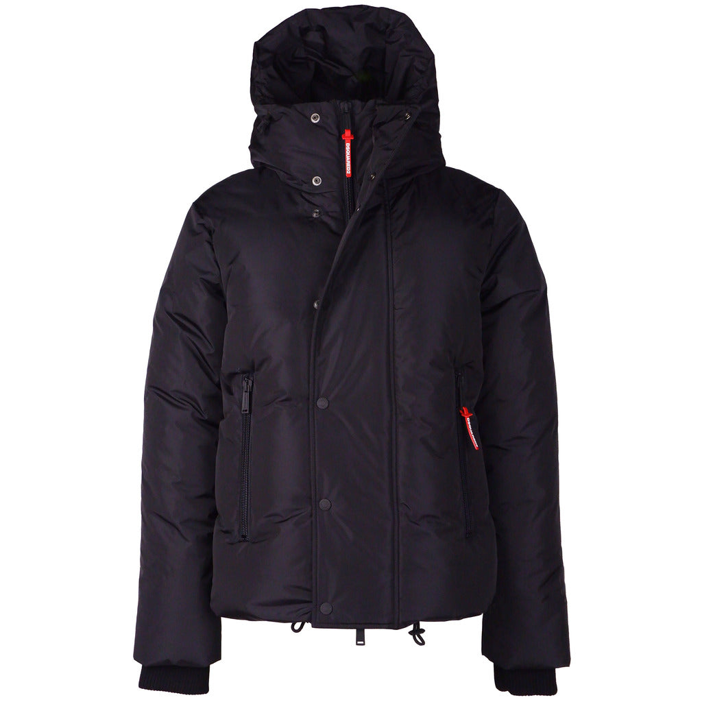 Detail showing the zip and button front closure of the Dsquared2 black puffer coat
