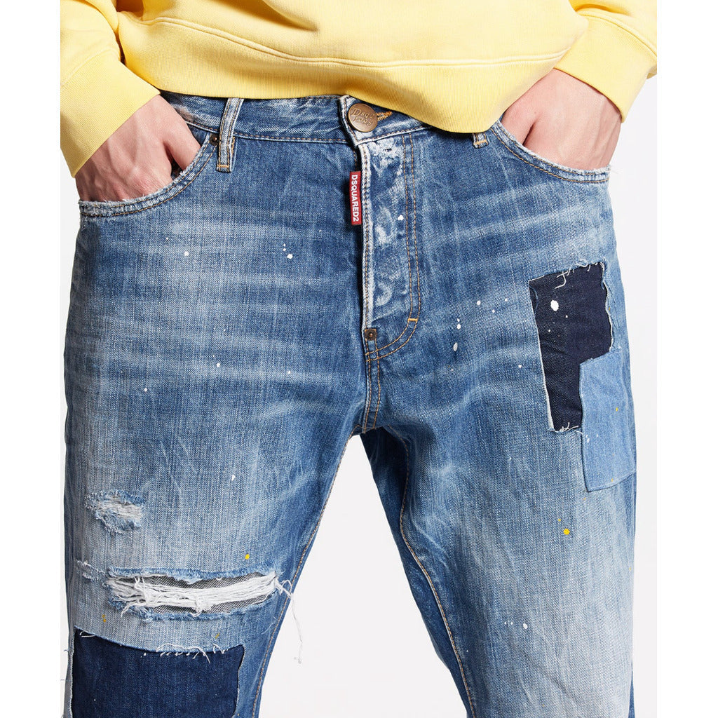 Front pocket area detail on the Dsquared2 Cool Guy blue jeans with patches
