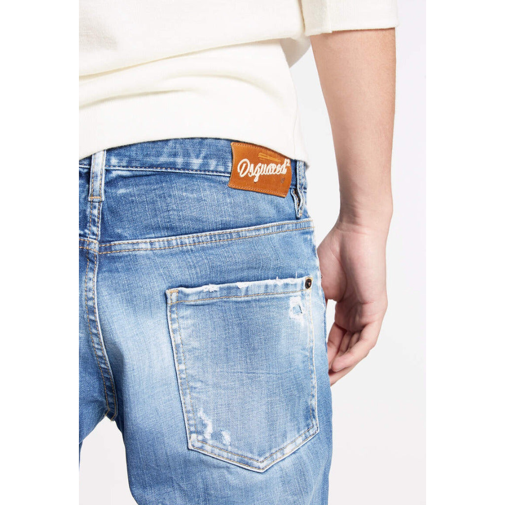 Back view of Dsquared2 Cool Guy light wash jeans showing leather patch with logo embroidery
