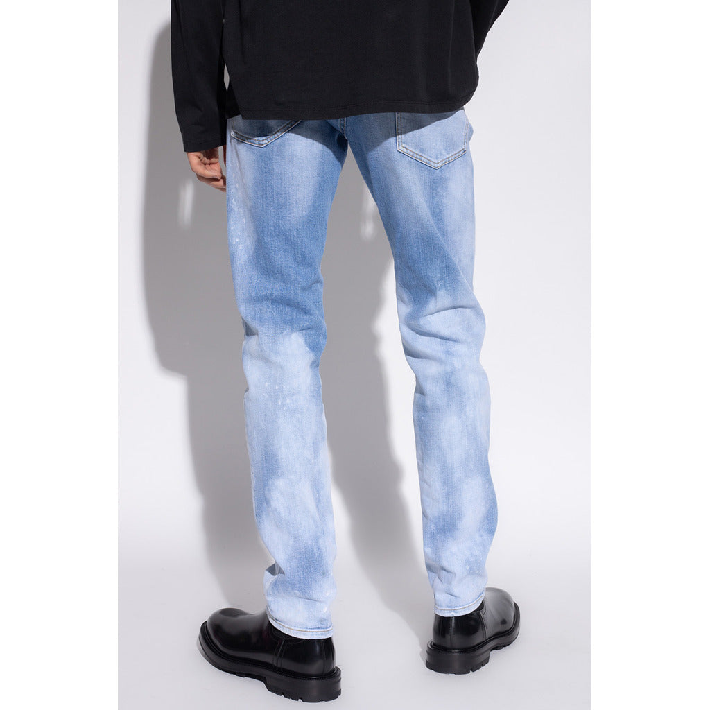 Back view of Dsquared2 Cool Guy light blue jeans showing red logo patch
