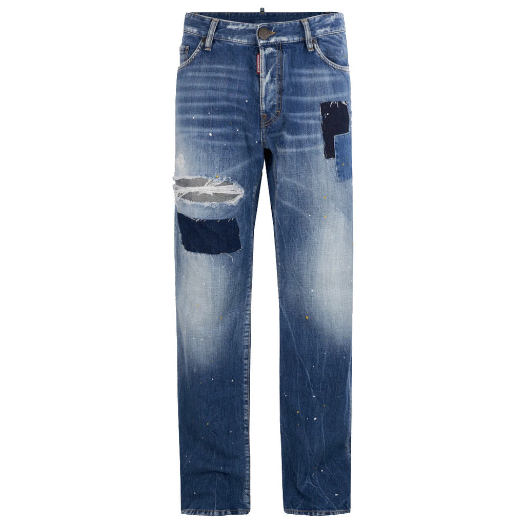 Dsquared2 Cool Guy blue jeans with black patches and paint splatter front view
