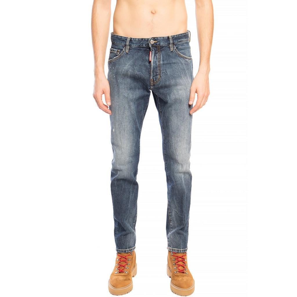 Dsquared2 Cool Guy distressed navy blue stretch jeans front view on model