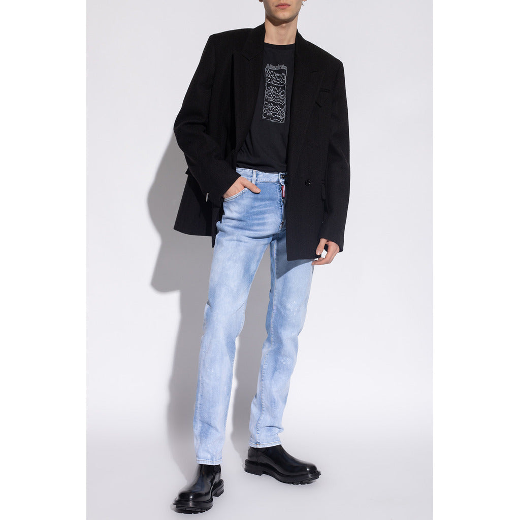 Dsquared2 Cool Guy light blue stretch jeans with white paint splatter front view on model