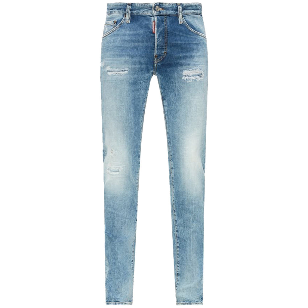 Dsquared2 Cool Guy light wash blue stretch distressed jeans front view
