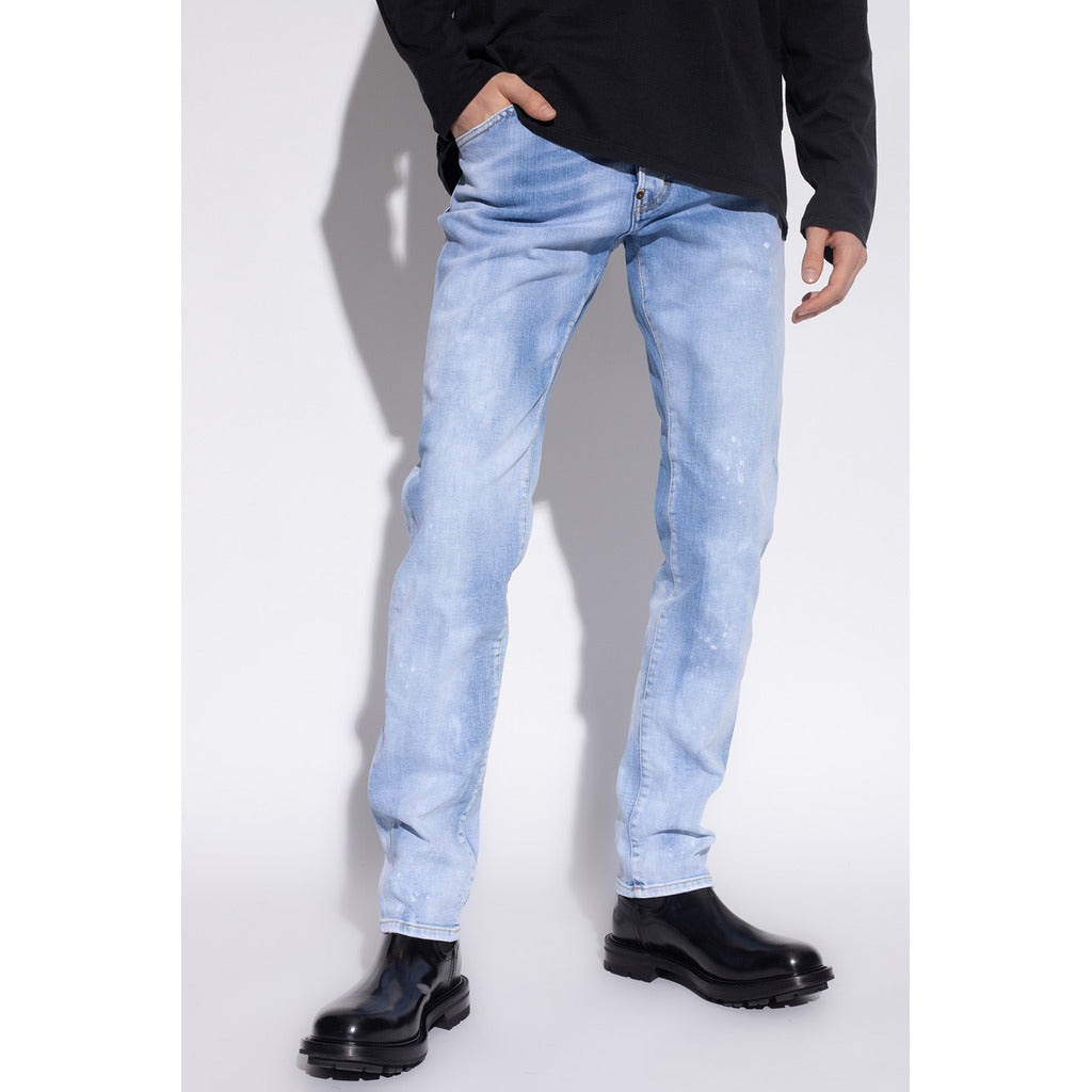 Dsquared2 Cool Guy light blue paint splatter jeans styled in an outfit
