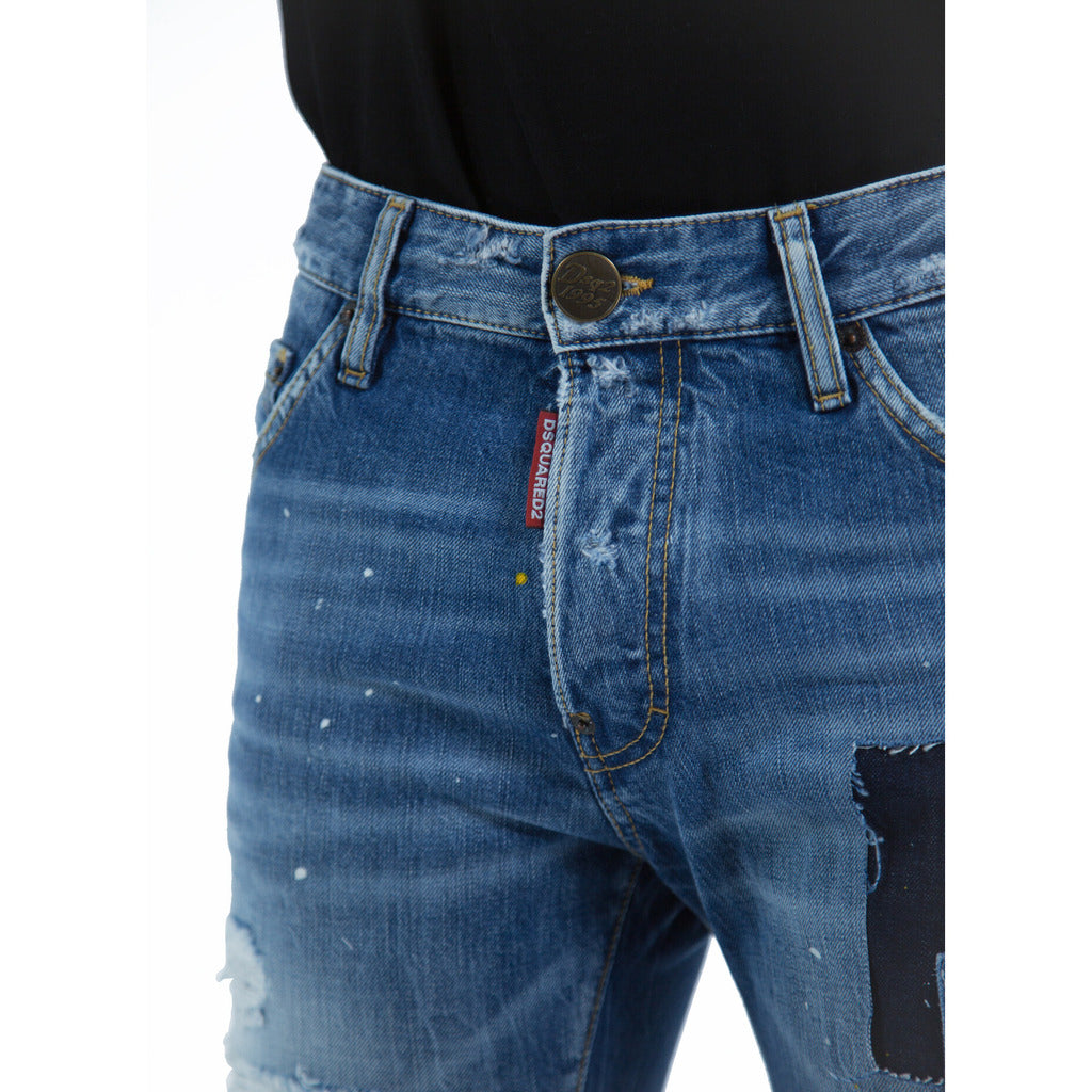 Front pocket area detail on the Dsquared2 Cool Guy slim fit blue jeans with patches

