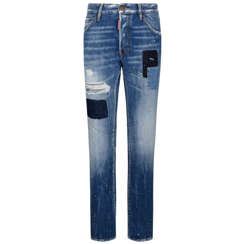 Dsquared2 Cool Guy slim fit blue jeans with black patches and paint splatter front view
