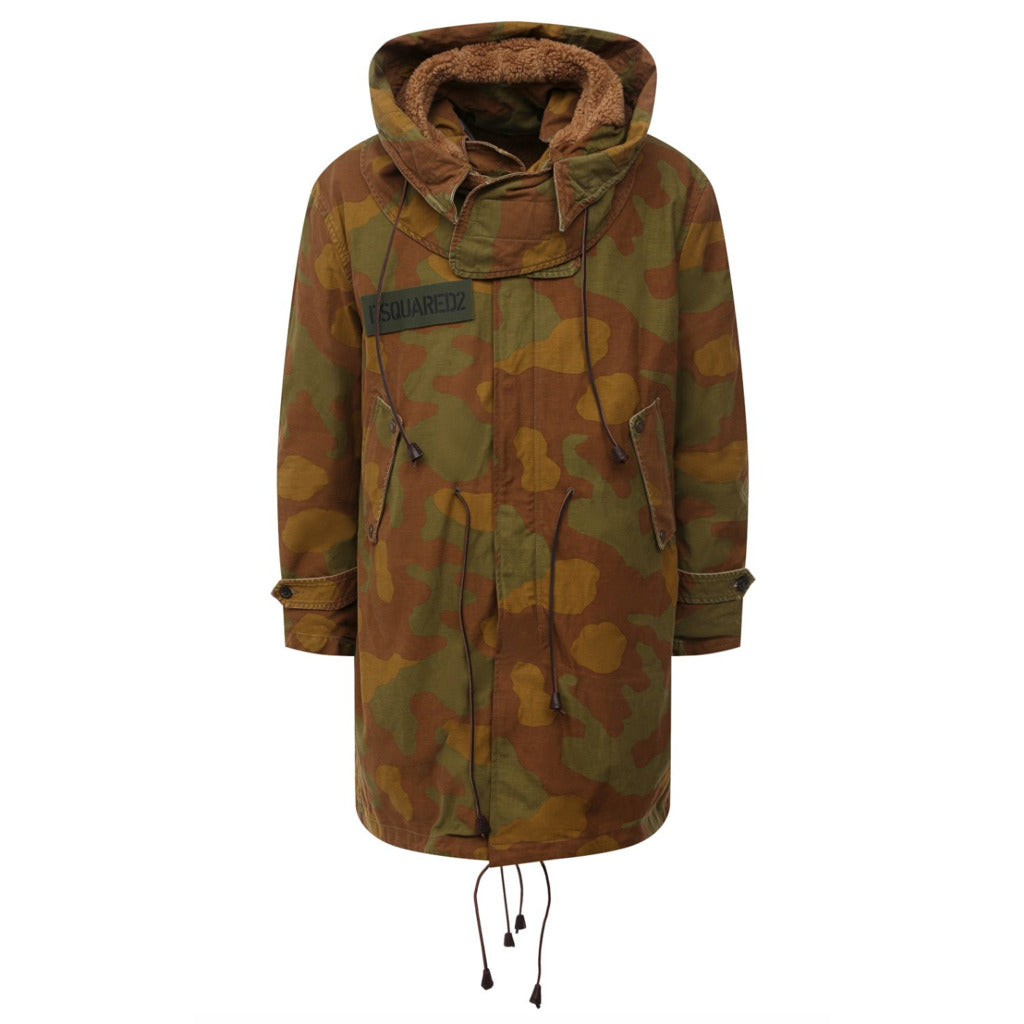 Dsquared2 green camo cotton hooded parka jacket front view