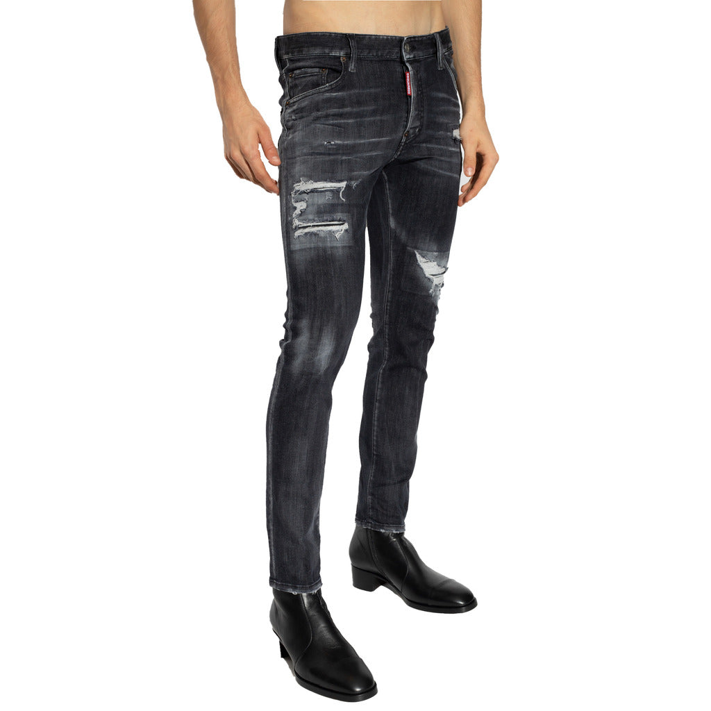 Dsquared2 black distressed skater fit stretch jeans front view on model