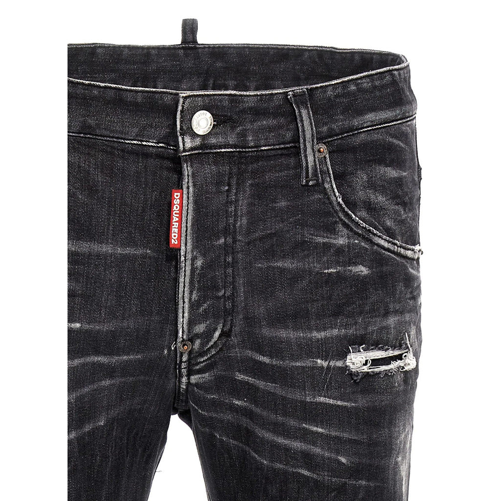 Five-pocket detail with distress on black Dsquared2 stretch skater jeans
