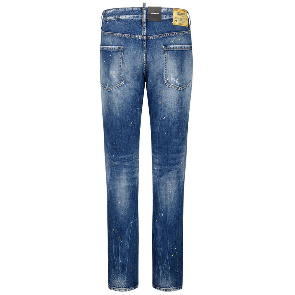 Back view of Dsquared2 Cool Guy slim fit blue jeans showing yellow logo patch and patches
