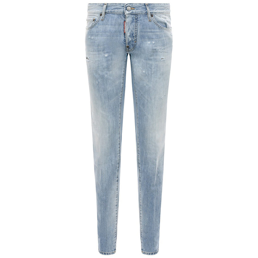 Dsquared2 slim fit light wash blue distressed jeans front view
