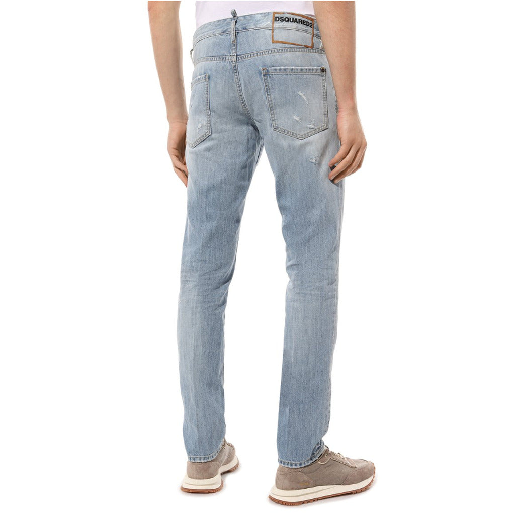 Dsquared2 slim fit light wash blue distressed jeans styled in an outfit
