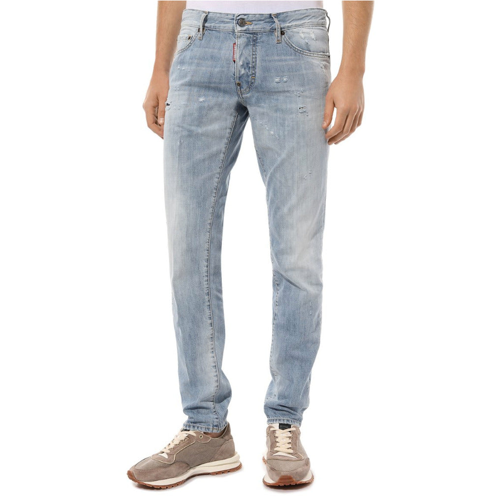 Dsquared2 slim fit light wash blue distressed jeans styled in an outfit, front side
