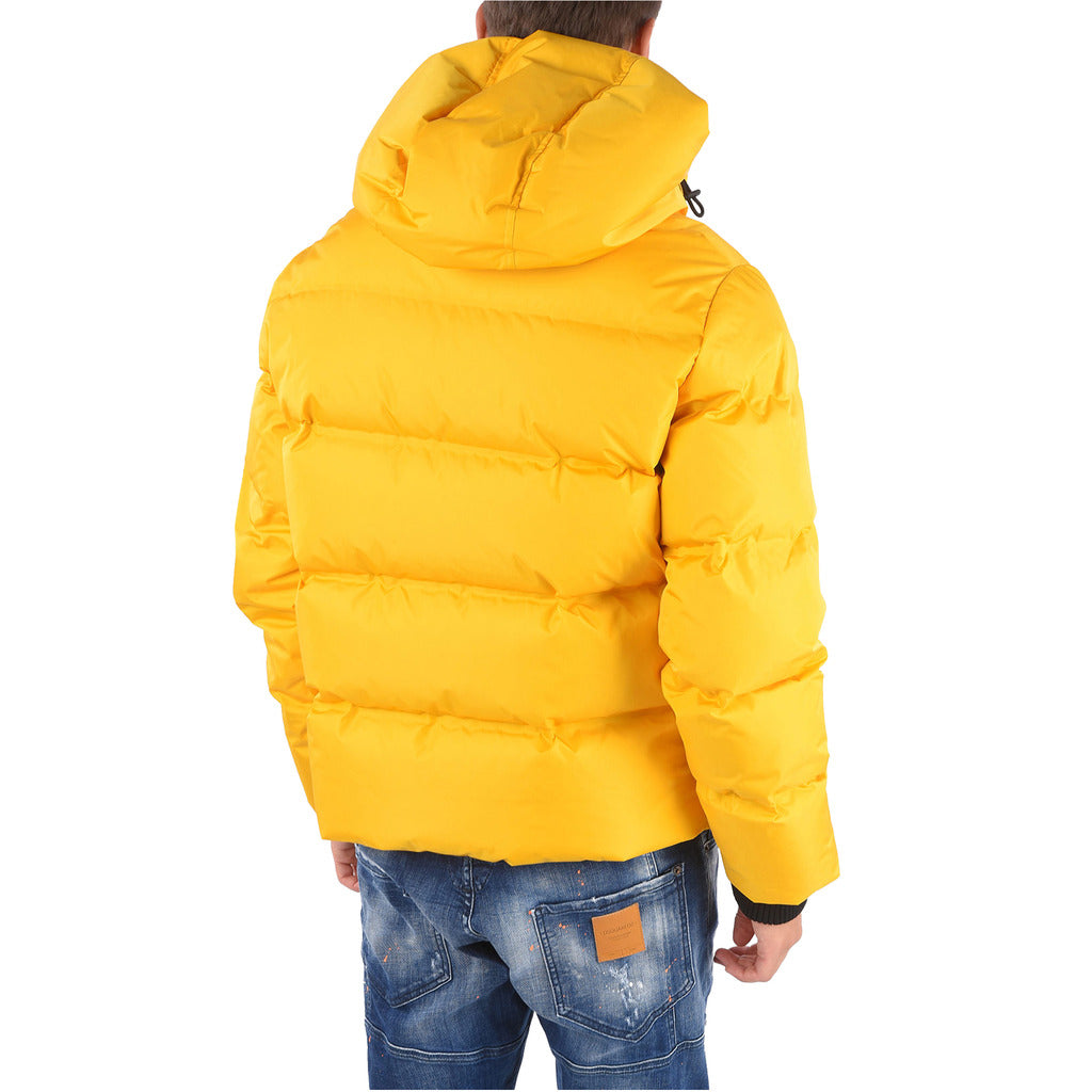Back view of the Dsquared2 yellow nylon down puffer jacket on model