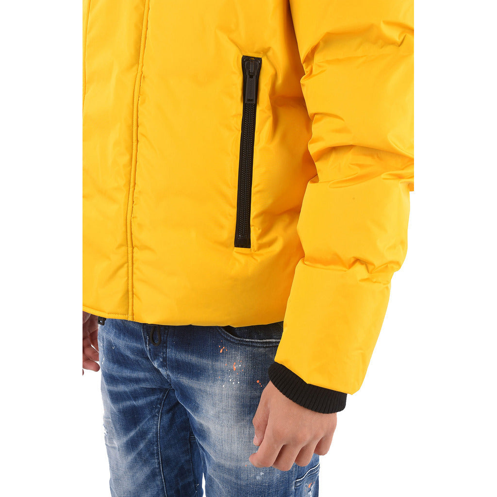 Close-up of an exterior zipper pocket on the Dsquared2 yellow nylon down jacket
