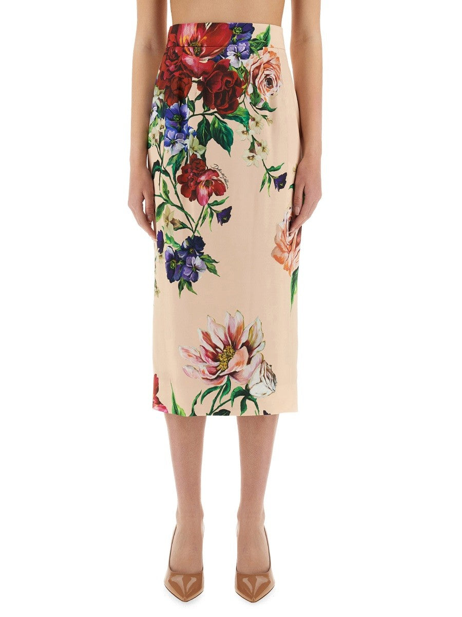 Dolce & Gabbana SATÉNOVÁ MIDI TUŽKOVÁ SUKNĚ S KVĚTINOVÝM POTISKEM