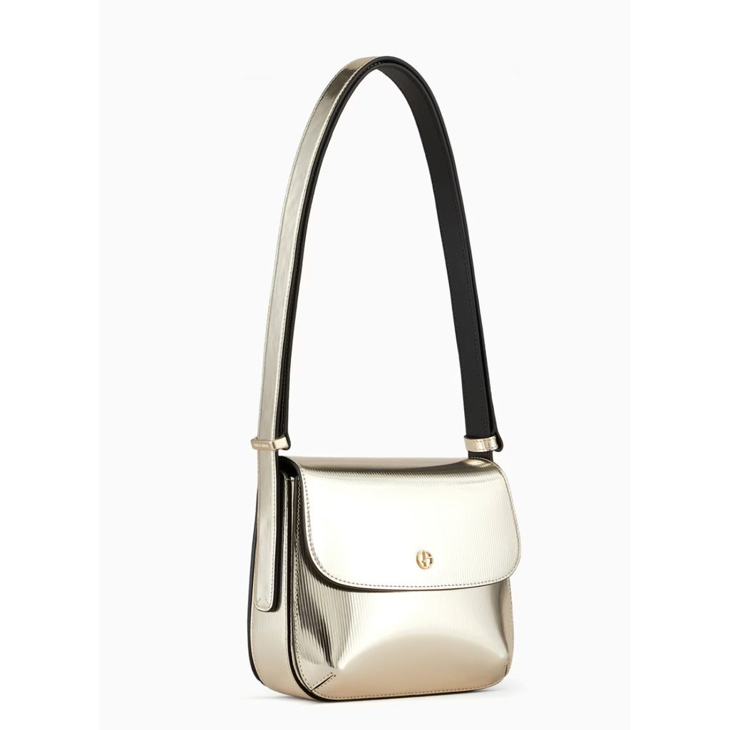 Angled view of the Giorgio Armani La Prima silver striped leather shoulder bag