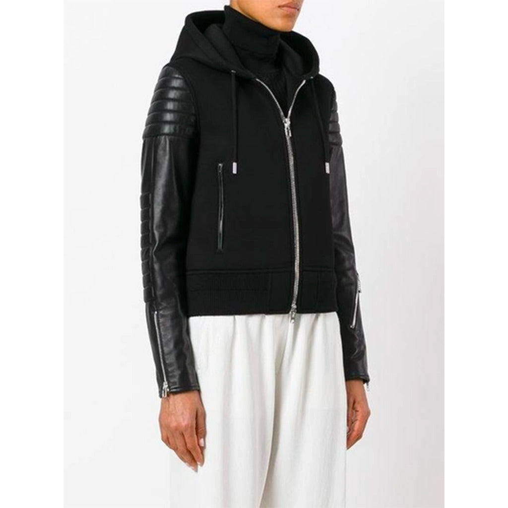 Side profile view of the Givenchy black viscose hooded jacket with leather inserts
