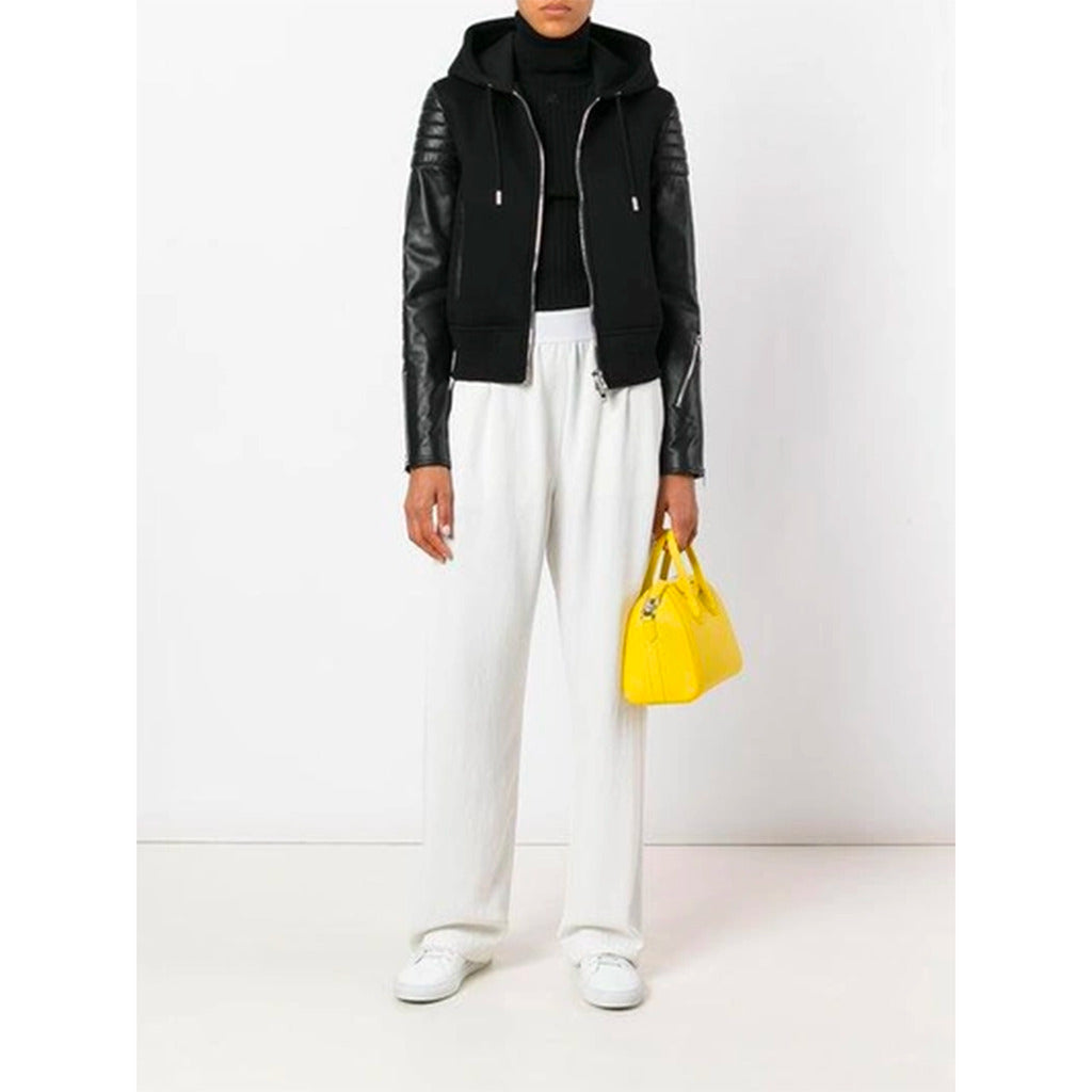 Givenchy black viscose hooded jacket with lambskin inserts front view on model