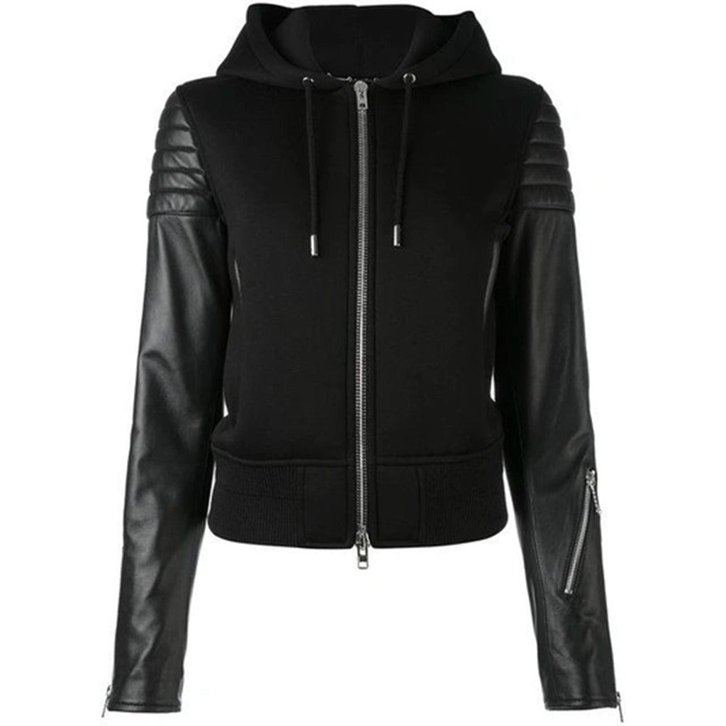 Givenchy black viscose hooded jacket with lambskin inserts front view
