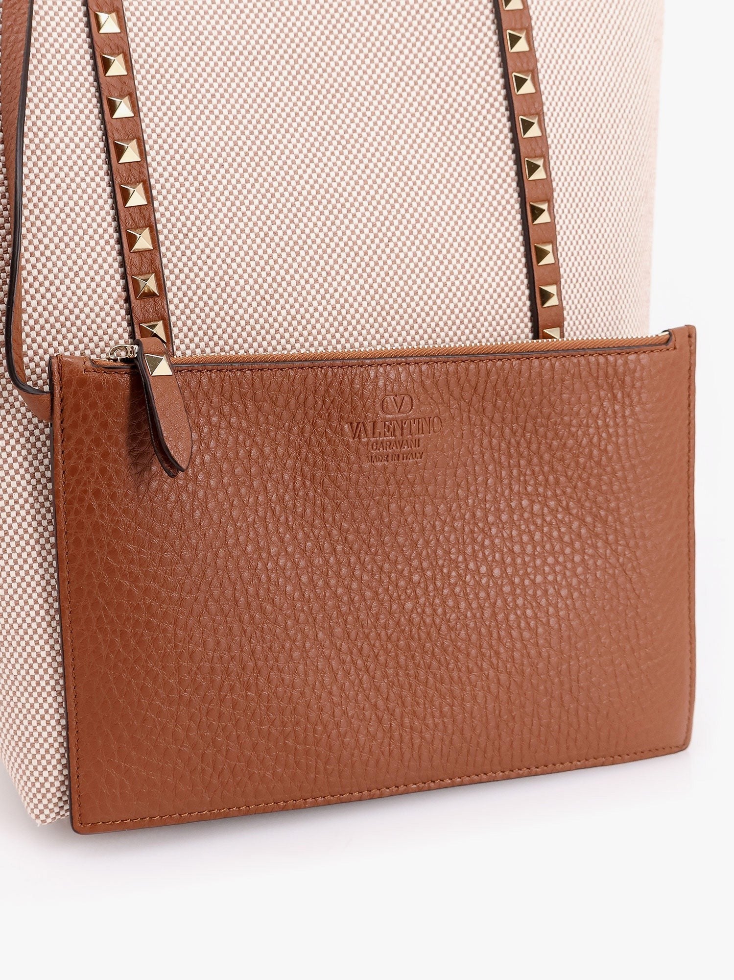 Valentino Garavani Leather and canvas shoulder bag with iconic studs