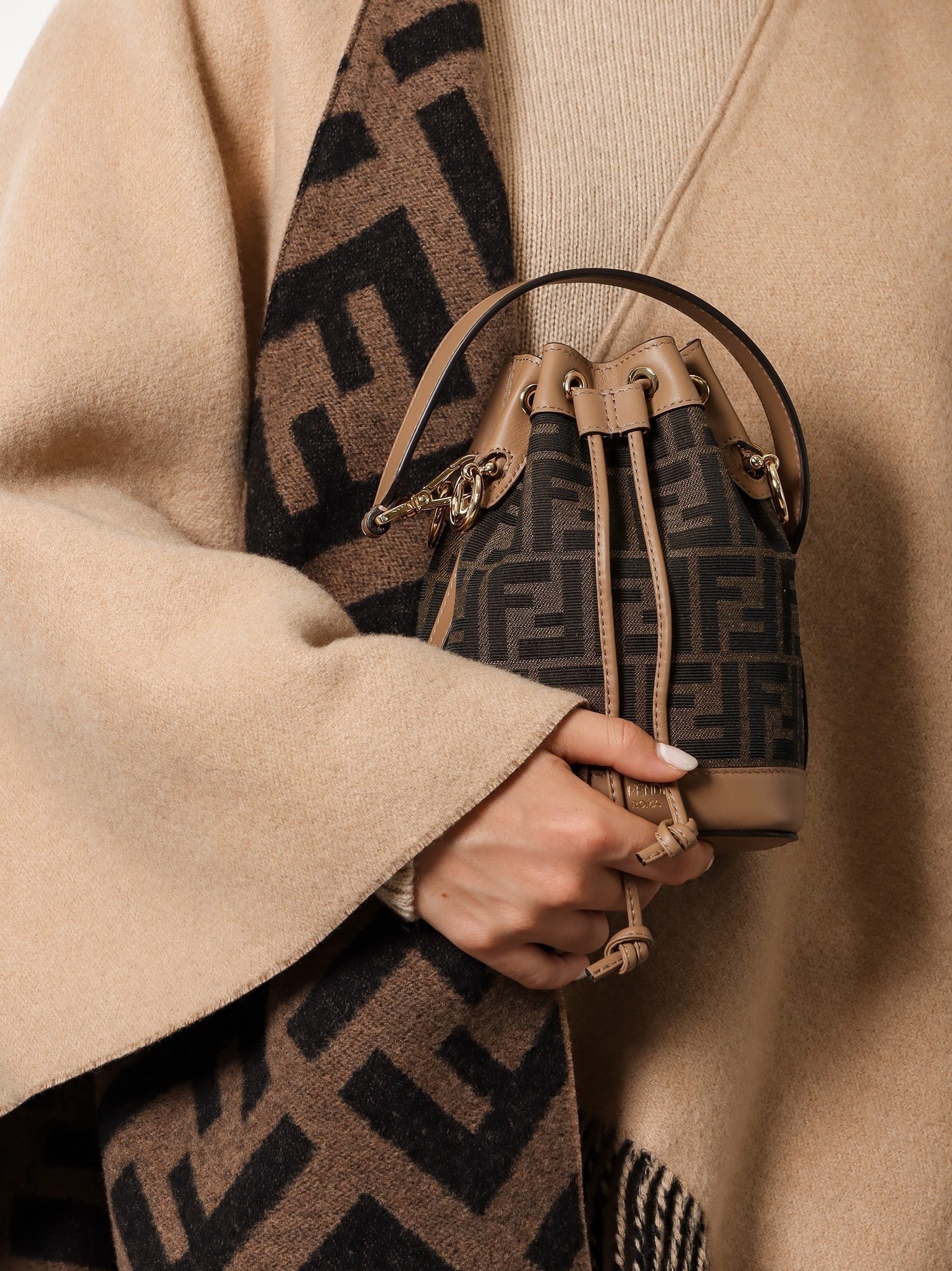 Fendi Mini Mon Tresor FF jacquard fabric and leather bucket bag