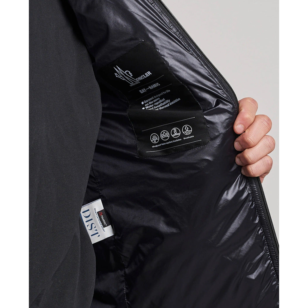 Close-up of the inside of the Moncler Grenoble black high-shine jacket
