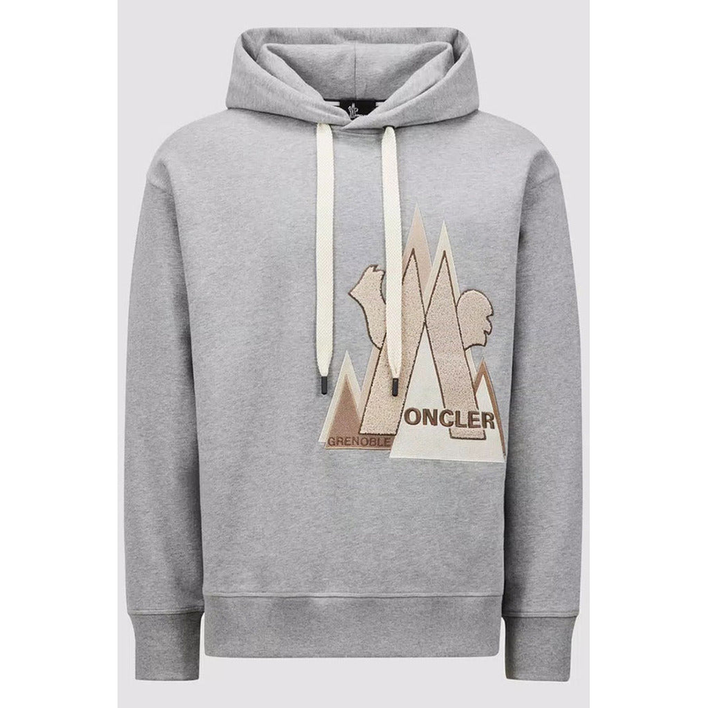 Moncler Grenoble gray cotton hoodie front view with logo patch

