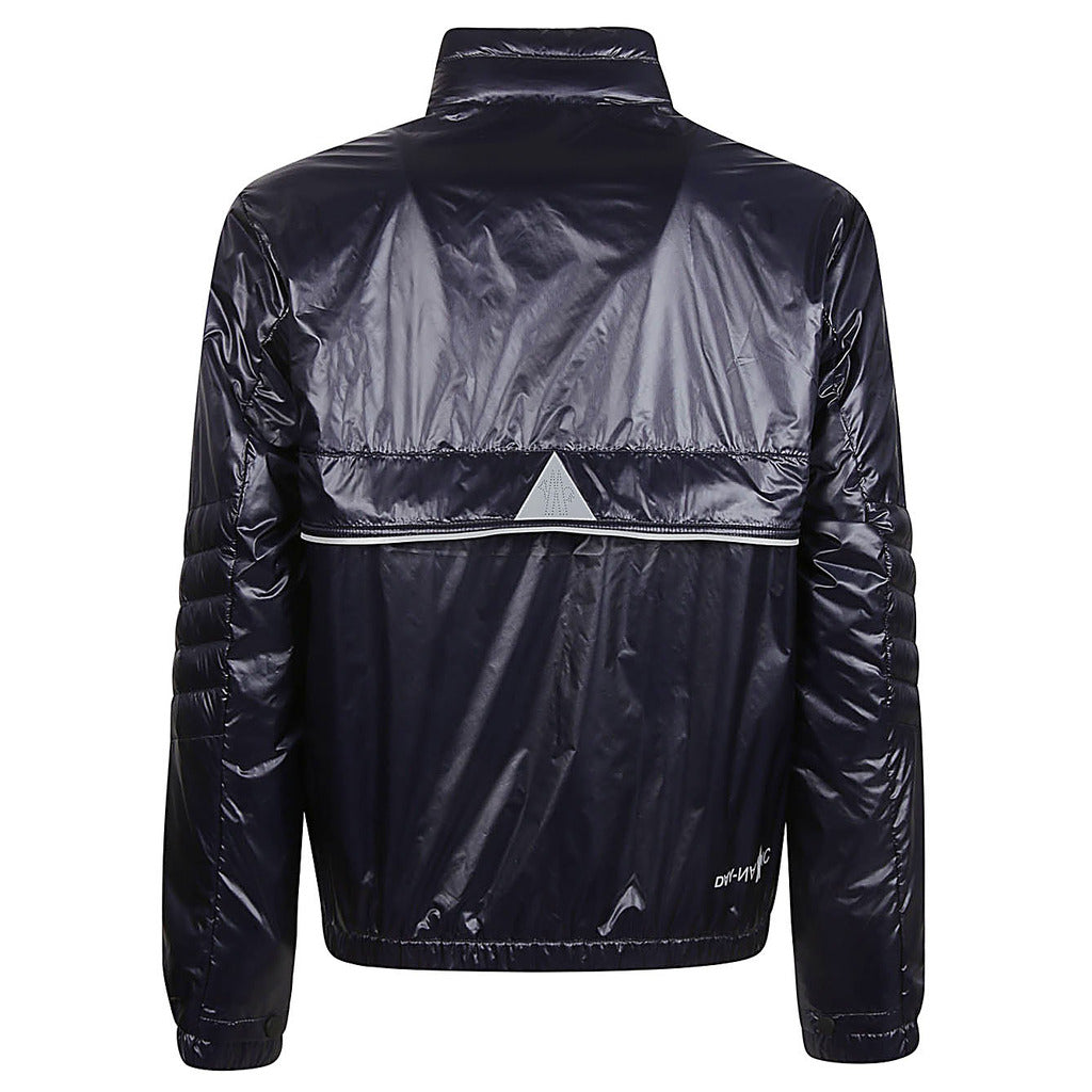 Back view of the Moncler Grenoble dark blue high-shine puffer jacket
