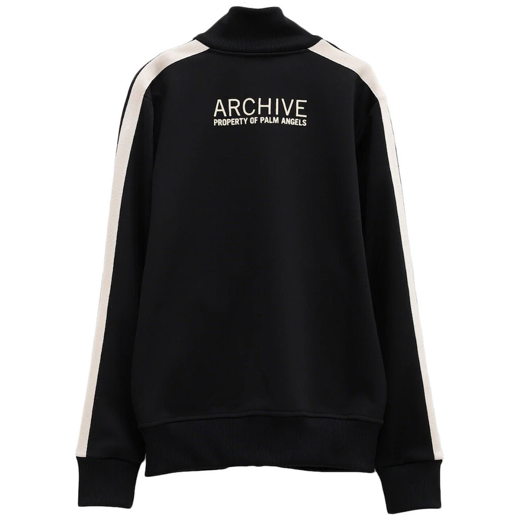 Back view of the Moncler Palm Angels black track jacket showing embossed writing
